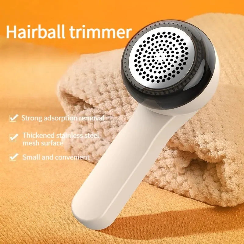 Hairball trimmer with features listed on an orange background