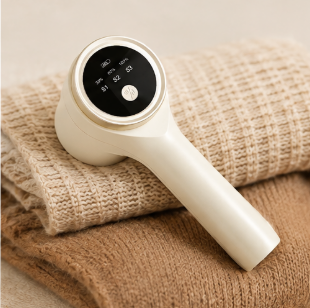 A handheld electric garment steamer with a cream-colored body and a black digital control panel, resting on a folded beige knit fabric over a brown knit fabric.