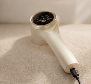 A handheld electric steam cleaner with a cream-colored body and a circular black control panel, resting on a beige textured fabric surface.
