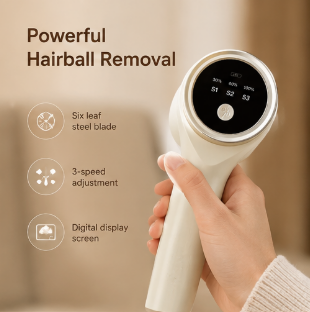 A hand holding a handheld hairball removal device with a digital display screen, set against a warm beige background with promotional text and feature icons.